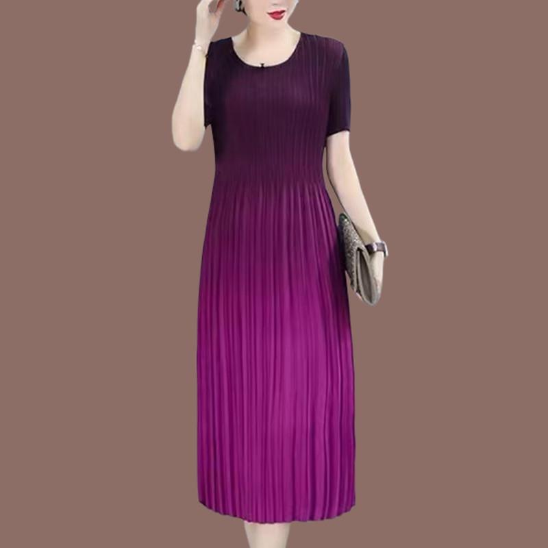 Summer New Style Women's Solid Color Loose Pleated Skirt, Mid-Length Pleated Dress for Mothers, Pink Round Neck Summer New Style Women's Solid Color Loose Pleated Skirt, Mid-Length Pleated Dress for Mothers, Pink Round Neck