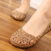 2022 Spring Summer Hollowed-out Sandals Water Crystal Shoes Shallow Mouth Jelly Shoes Women Flat Bottom Dongle Shoes Non-slip Beach Shoes A foot pedal