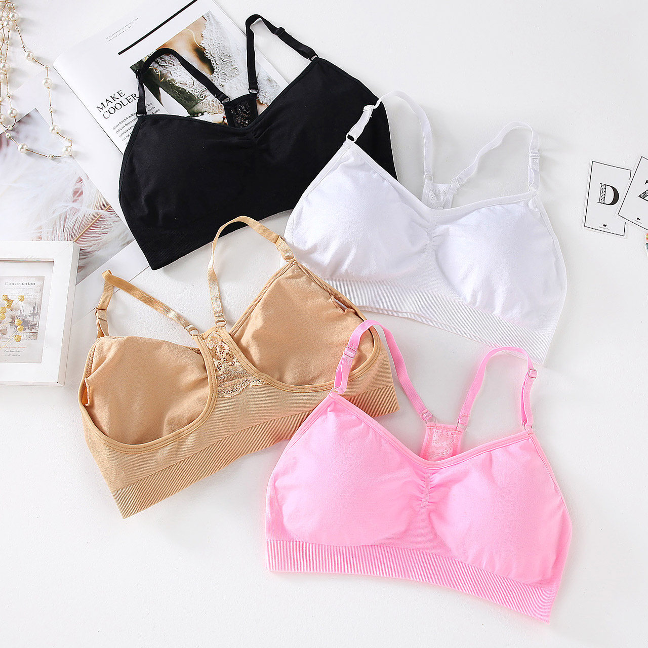 2 pieces 75 discount female elastic artificial character sports lingerie anti-walking light smear young girl high school student bra wearing yoga