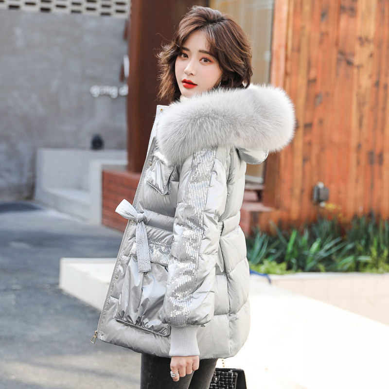 Silver shiny down jacket women's short wash-free sequins 2021 new popular fashion Western style white duck down waist