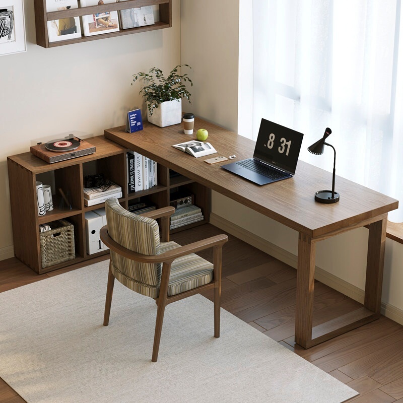 All-Solid Wood Corner Desk and Bookshelf Combo for Home Use, Bedroom Window-Side L-Shaped Extendable Student Computer Desk, Long Table