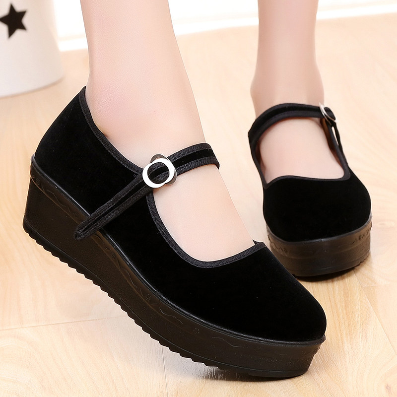 Sponge cake thick-soled old Beijing cloth shoes women's shoes mid-heel non-slip single shoes hotel professional ladies work shoes wedge black