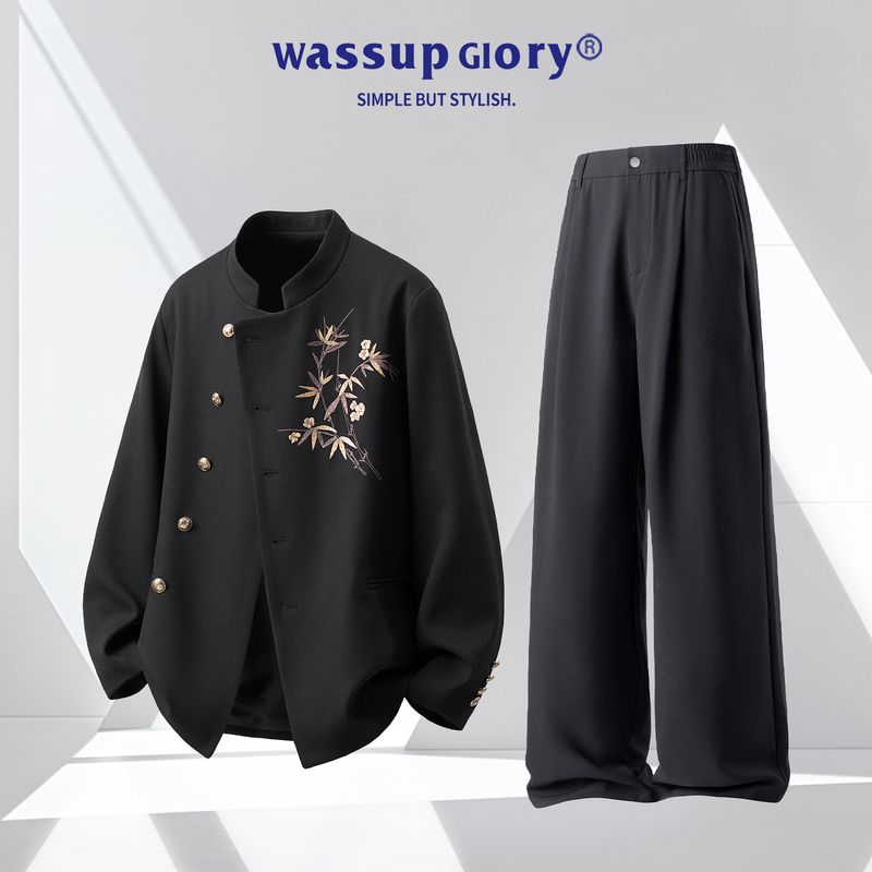 Wassup Glory New Chinese-Style Stand-Collar Suit Set for Men, Autumn National Style Zhongshan Suit, Retro Complete Outfit