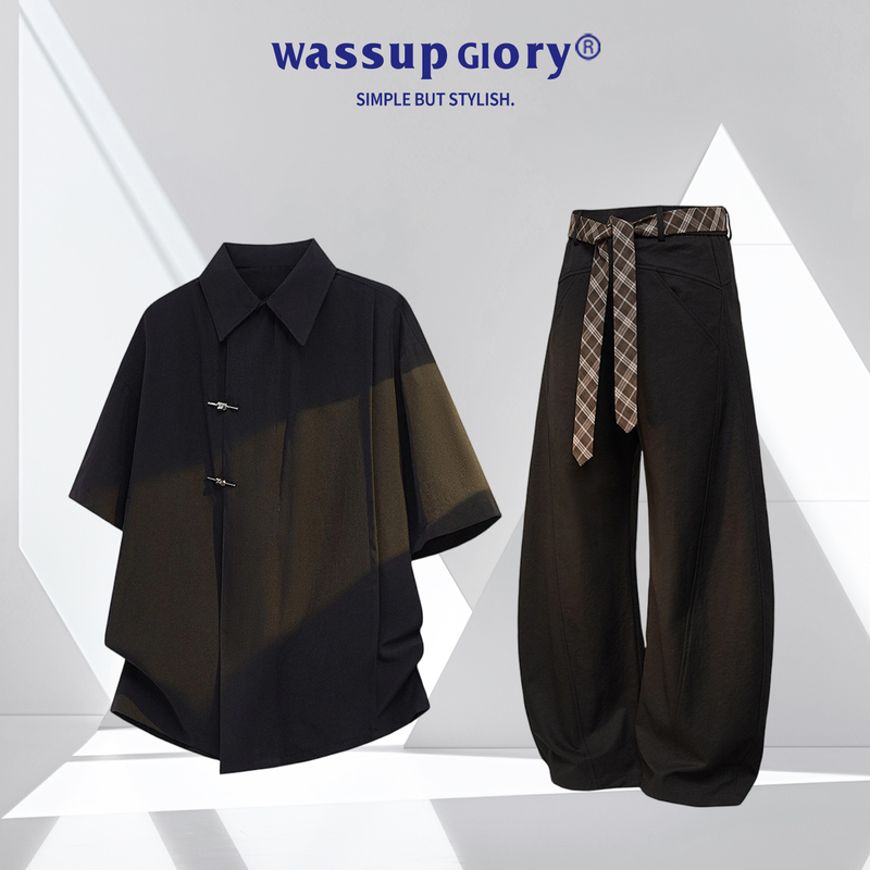 Wassup Glory New Chinese Style Short-Sleeved Suit for Men, Summer Ice Silk Casual Shirt, High-End Shirt Set