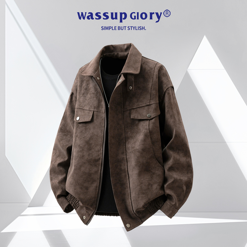 Wassup Glory American Retro Leather Jacket for Men, Autumn Suede Lapel Leather Jacket, High-End Style Outerwear