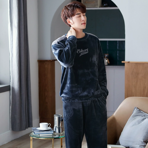 Мужская коралловая бархатная демисезонная пижама для отдыха, утепленный фланелевый комплект