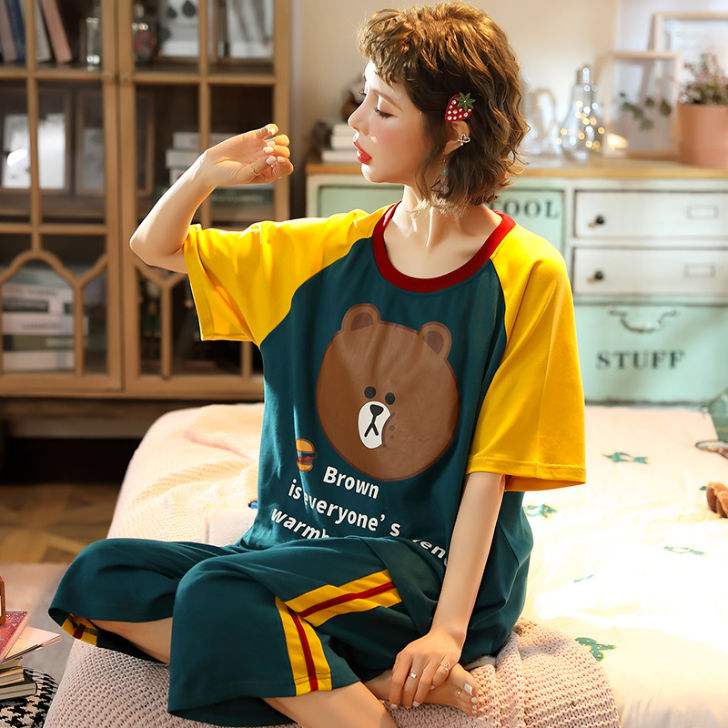 Big kích thước pajama con trai mùa hè bông tay áo ngắn bảy điểm quần thiết ngọt lỏng mm200 mỡ pounds quần áo nhà mỏng.