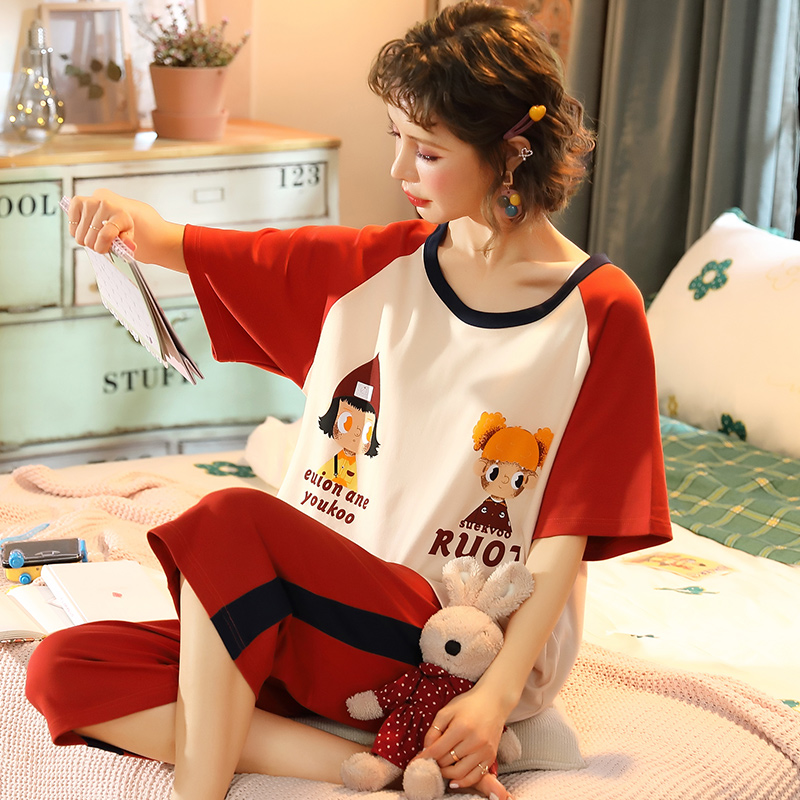 Big kích thước pajama con trai mùa hè bông tay áo ngắn bảy điểm quần thiết ngọt lỏng mm200 mỡ pounds quần áo nhà mỏng.