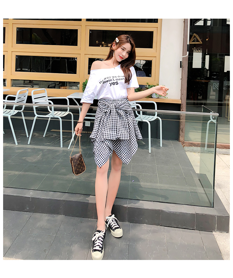 VK旗艦店 韓系斜肩字母不規則格紋閨蜜套裝短袖裙裝