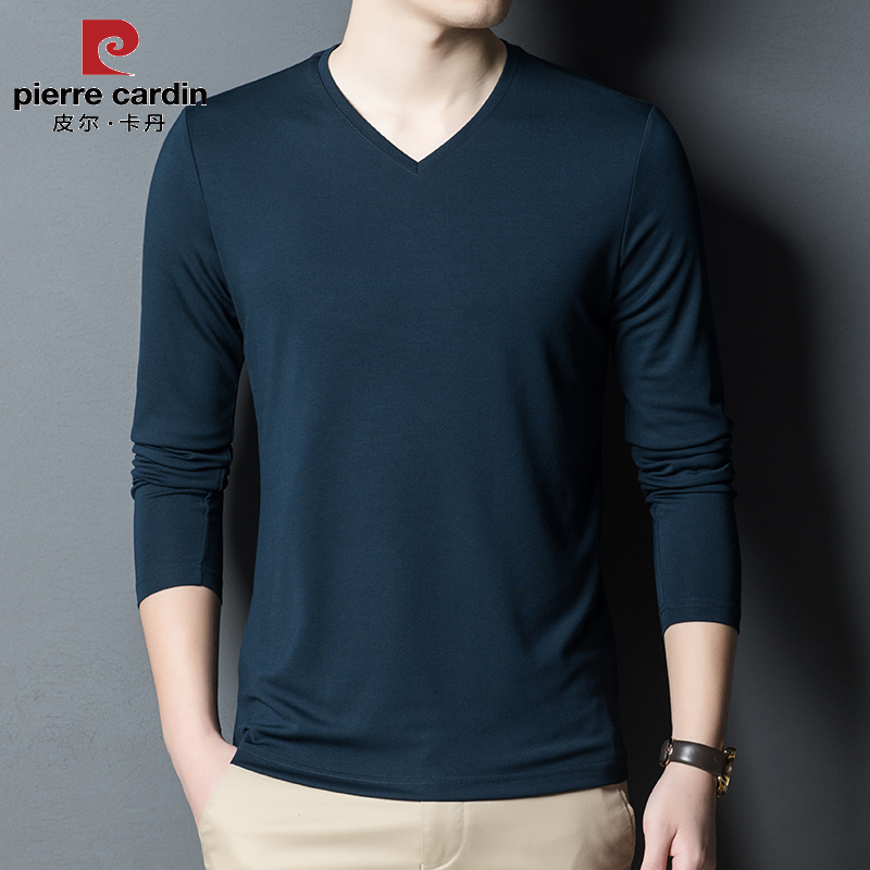 Pierre Cardin Spring and Autumn V-Neck Long-Sleeve T-Shirt for Men, Casual Versatile Autumn Shirt, Trendy Inner Wear Base Shirt Top
