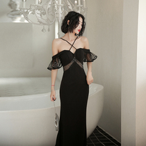 High end evening dress female 2021 New banquet light luxury niche temperament long black suspender small dress dress