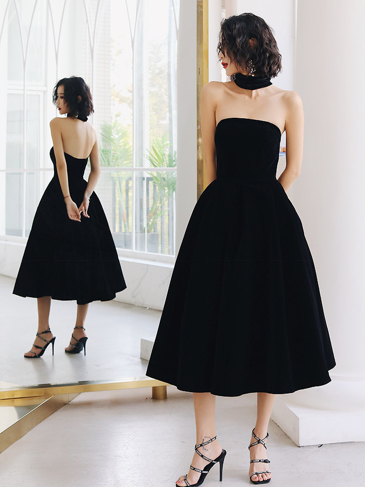 Little man evening dress skirt female banquet socialite temperament Black thin birthday party dress Velvet medium-long version