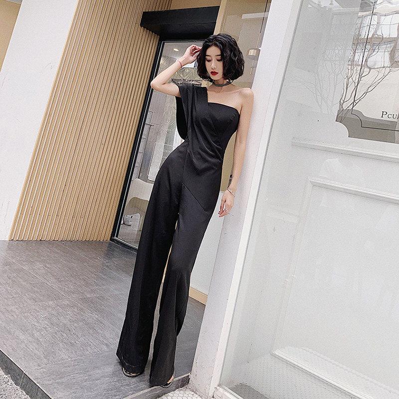 Black evening dress women 2020 new slim slim banquet dress small dress dress single oblique shoulder jumpsuit