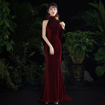 Velvet toast bridal wine autumn and winter 2020 new banquet temperament shoulder evening dress female high quality