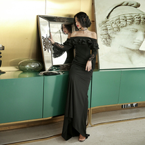 High end party evening dress female 2020 New temperament elegant black shoulder slim fishtail dress