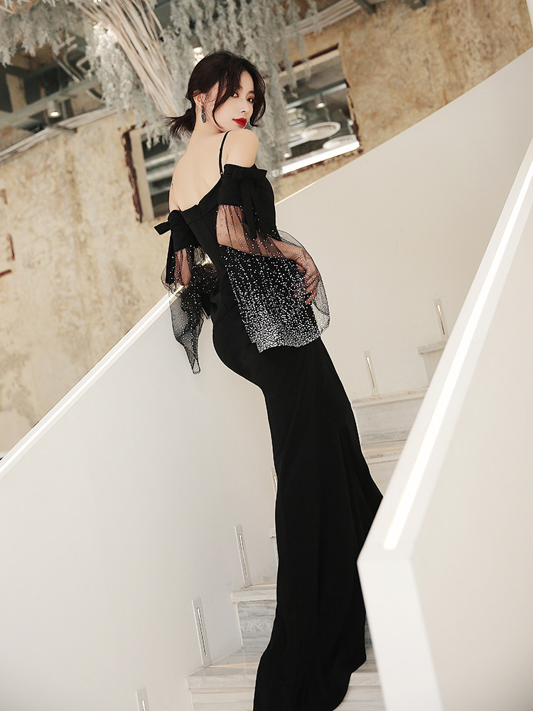 Black dress skirt female banquet temperament 2020 new annual meeting host lanky long version of the big high-end evening dress