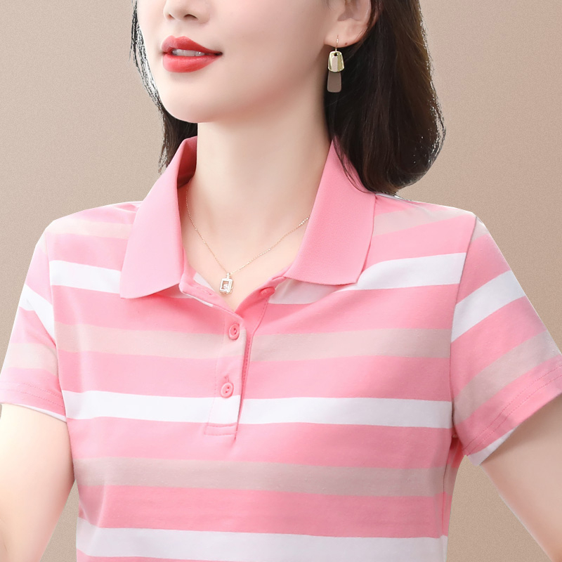 Striped Short-Sleeved T-Shirt for Women, Summer Turn-Down Collar, Middle-Aged Mom Style, Collared, Elegant, Casual, Sporty Polo Shirt Top Striped Short-Sleeved T-Shirt for Women, Summer Turn-Down Collar, Middle-Aged Mom Style, Collared, Elegant, Casual, Sporty Polo Shirt Top