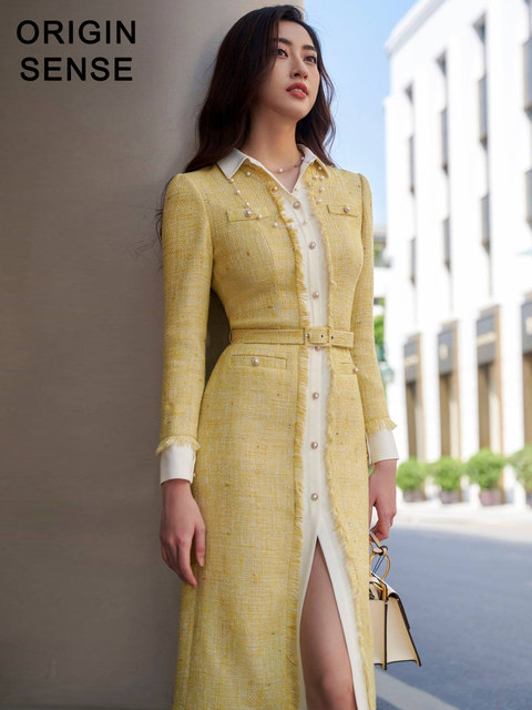 Xiaoxiangfeng roving light yellow white long-sleeved lapel white-collar OL workplace lady temperament mid-length coat dress