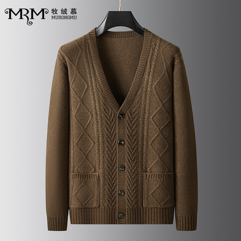 Men's Knitted Cardigan with V-Neck, Thick Pure Wool Sweater for Dad, Grandpa, Middle-Aged and Elderly, Coarse-Knit Sweater for Winter