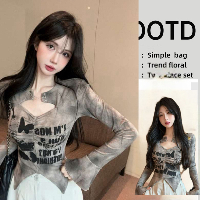 American Retro Design Letter Print Long-Sleeved T-Shirt Autumn and Winter New Style Sexy Chic Tie-Dye Hollow Top for Women