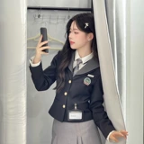 Корейская студенческая юбка в складку, комплект, пиджак классического кроя, корсет, рубашка, 3 предмета