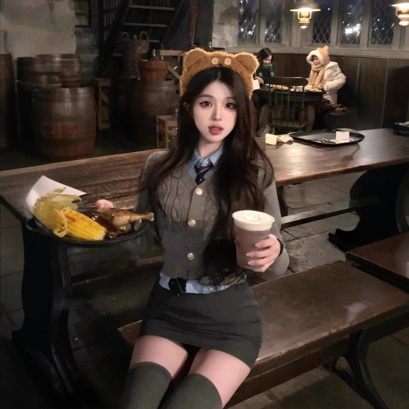Korean Jk Uniform Style Outfit for Women, Miu Style Outfit for Petite Women, Gray Cardigan Shirt, Pencil Skirt, Three-Piece Set Korean Jk Uniform Style Outfit for Women, Miu Style Outfit for Petite Women, Gray Cardigan Shirt, Pencil Skirt, Three-Piece Set