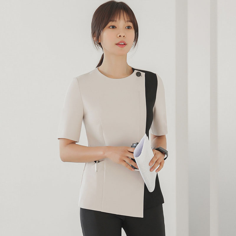 New Korean version of beauty salon workwear short sleeve skin management Korean textured embroidered medecor technician professional suit