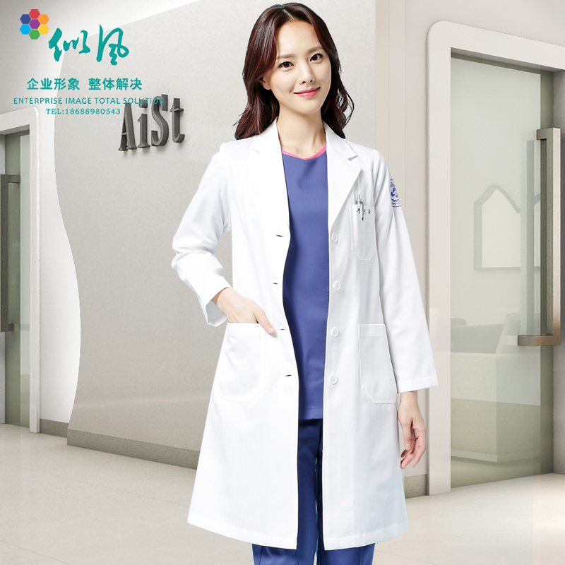 New Korean-style plastic surgery hospital doctor clothes women's mid-length white coat tattoo embroidery manicurist dental work clothes