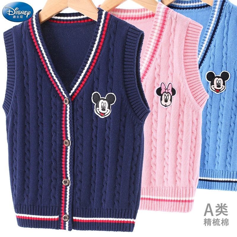 Disney trẻ em áo vest cotton áo vest bé trai áo len bé gái áo len len cardigan len bé gái - Áo ghi lê