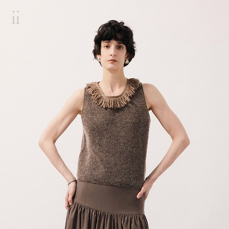 Ii Sense Smoky Brown Wool Tassel Vest Outerwear Autumn and Winter Elegant Retro Wool Knitwear Sleeveless Top C9