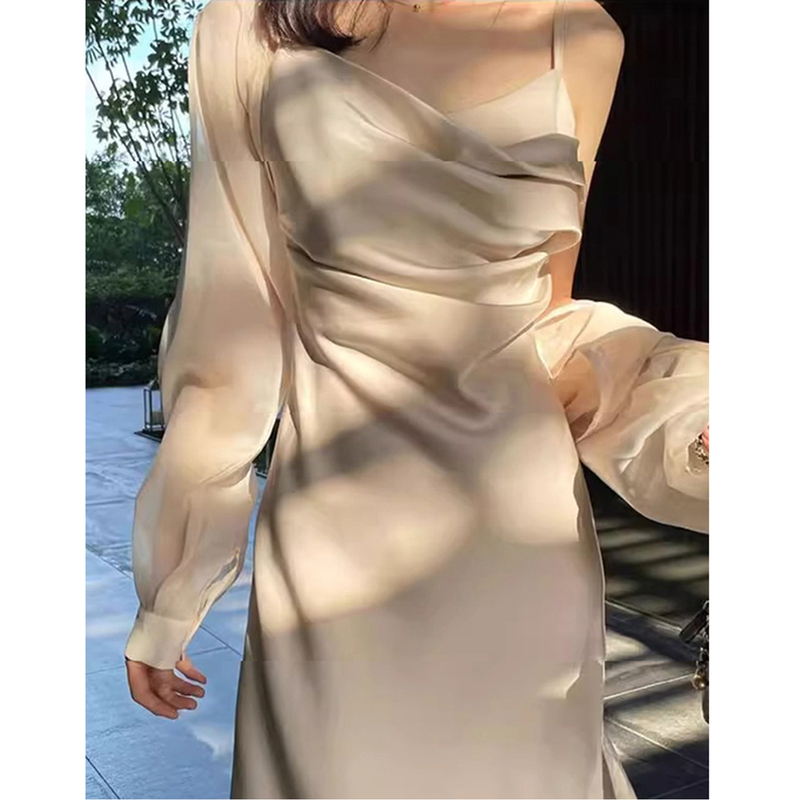 Designed Satin Mid-Length Plus-Size Slip Dress for Women, Slimming Dress for Chubby Girls, Long-Sleeve Shawl Set, Trendy Designed Satin Mid-Length Plus-Size Slip Dress for Women, Slimming Dress for Chubby Girls, Long-Sleeve Shawl Set, Trendy