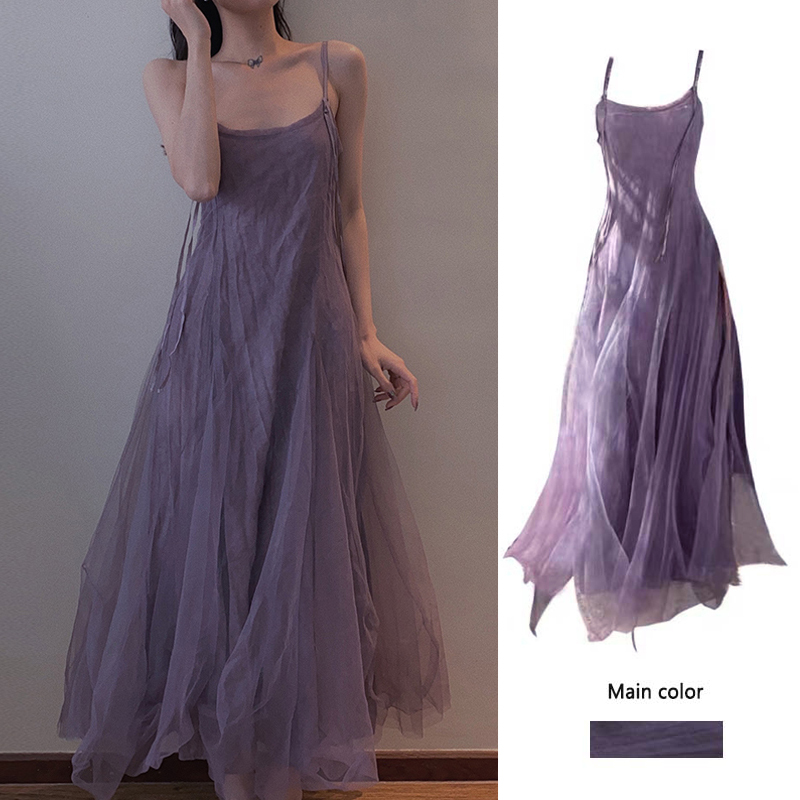 2026 Autumn New Purple Mesh Ankle-Length Dress Plus Size Strap Dress for Women, Fat Sister Style, Covers Belly and Makes You Look Slimmer