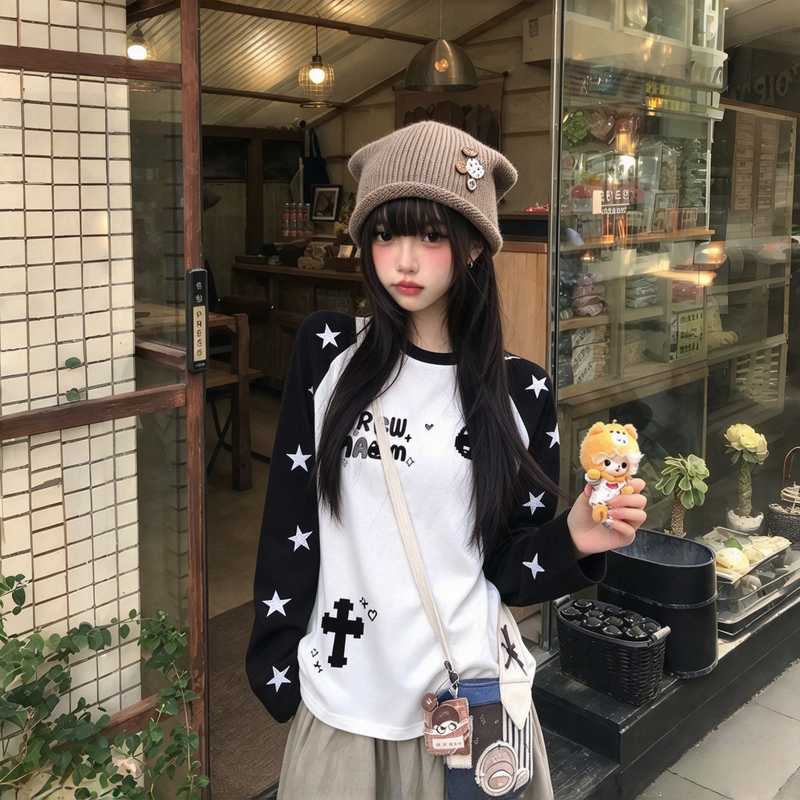 American Retro Star Long-Sleeved T-Shirt for Girls, Suitable for Spring and Autumn, Designed for Middle and High School Students, Stylish Base Shirt Top