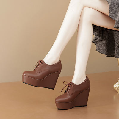 Top layer cowhide thick-soled wedge heel single shoes for women, 11.5cm short stature, ultra-high heel height-increasing shoes, waterproof platform, deep-mouth leather shoes