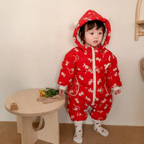 Baby down jacket jumpsuit Toddler one-year-old male and female babies go out in winter thick white duck down hugging clothes crawling suit