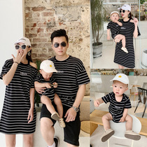 Summer parent-child outfit a family of three four net red stripes mother and child mother Womens Foreign skirt summer short sleeve t-shirt