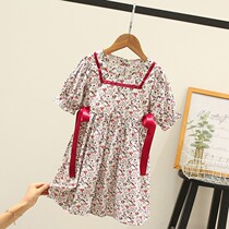 Summer girls dress childrens foreign atmosphere Net red popular summer children Korean version of floral square collar skirt princess skirt