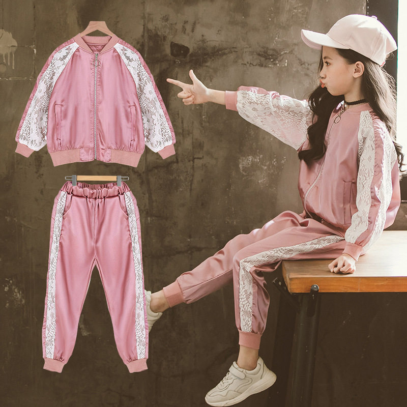 Girl Nets Red Suit Foreign Wave Cards Han Edition Fashion Two Sets Children Trends Trendy Chic Children Lace Autumn Clothes