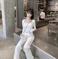 CHICYOU (base bi prepared) three-color square collar swan neck slim short sexy casual long sleeve tee