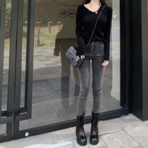 CHICYOU (the theypants worth stocking) large elastic display slim 100 lap multi-button smoke grey jeans long pants