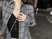 CHICYOU high grade gray plaid matte leather cross long casual but very temperament shirt