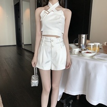 CHICYOU (Lux series quality) good texture silk slip pendant drill buttoned suit shorts 100 lap high waist pants