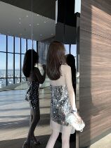 CHICYOU Silver glitter sequin nude mesh stitching senior socialite annual party birthday party dress