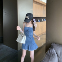 CHICYOU (American cowboy teenage girl) ultra-elastic retro denim slim short dress hot girl with a dress