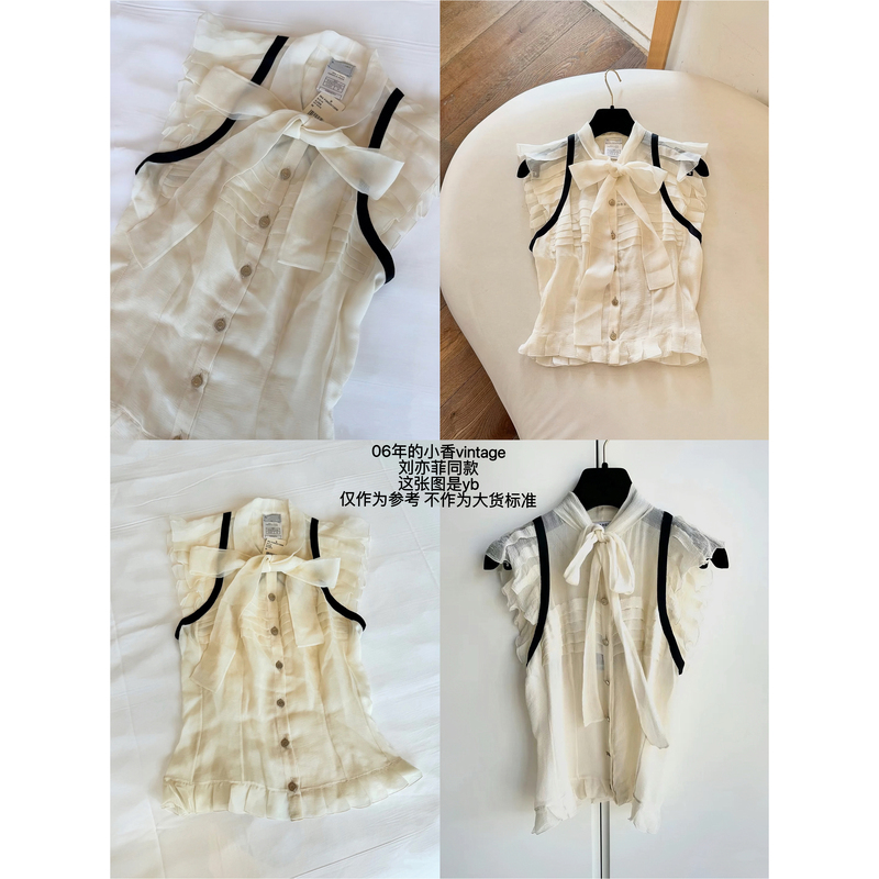 [in Stock] Chicyou'06 Vintage' Off-White Short-Sleeved Shirt with Small Fragrant Bow and Ribbon
