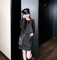 (Spike clearance)socialite rich woman sparkling silk three-dimensional bow black gold buckle long-sleeved dress