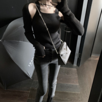 (5 fold clearance) (chest big waist careful machine knitting) two-piece black and white two-color sexy body top