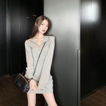 CHICYOU Front convex back upturned Korean female star Gray hooded thin casual zipper sweater skirt dress