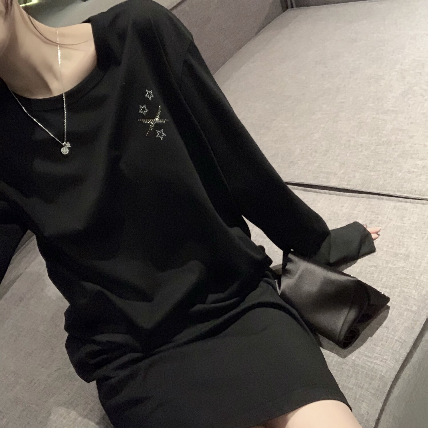 CHICYOU BLACK AND WHITE TWO Stars Diamonds LAZY CASUAL OCEAN DRESS SLOTH SHORT SLEEVE LOOSE T-SHIRT SKIRT TEE SUMMER