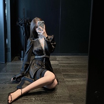 CHICYOU (female star) black satin Diamond gorgeous luxury long sleeve goddess temperament dress